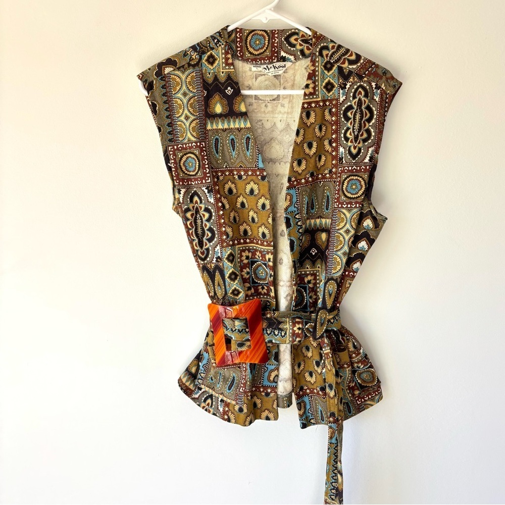 Mr. Kool Canvas Floral Belted Waist Vest Vintage Retro Hippie Boho Patchwork